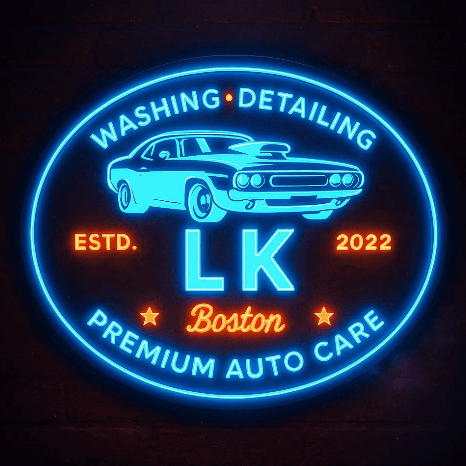 LK Auto Care neon sign — washing, detailing, premium auto care since 2022